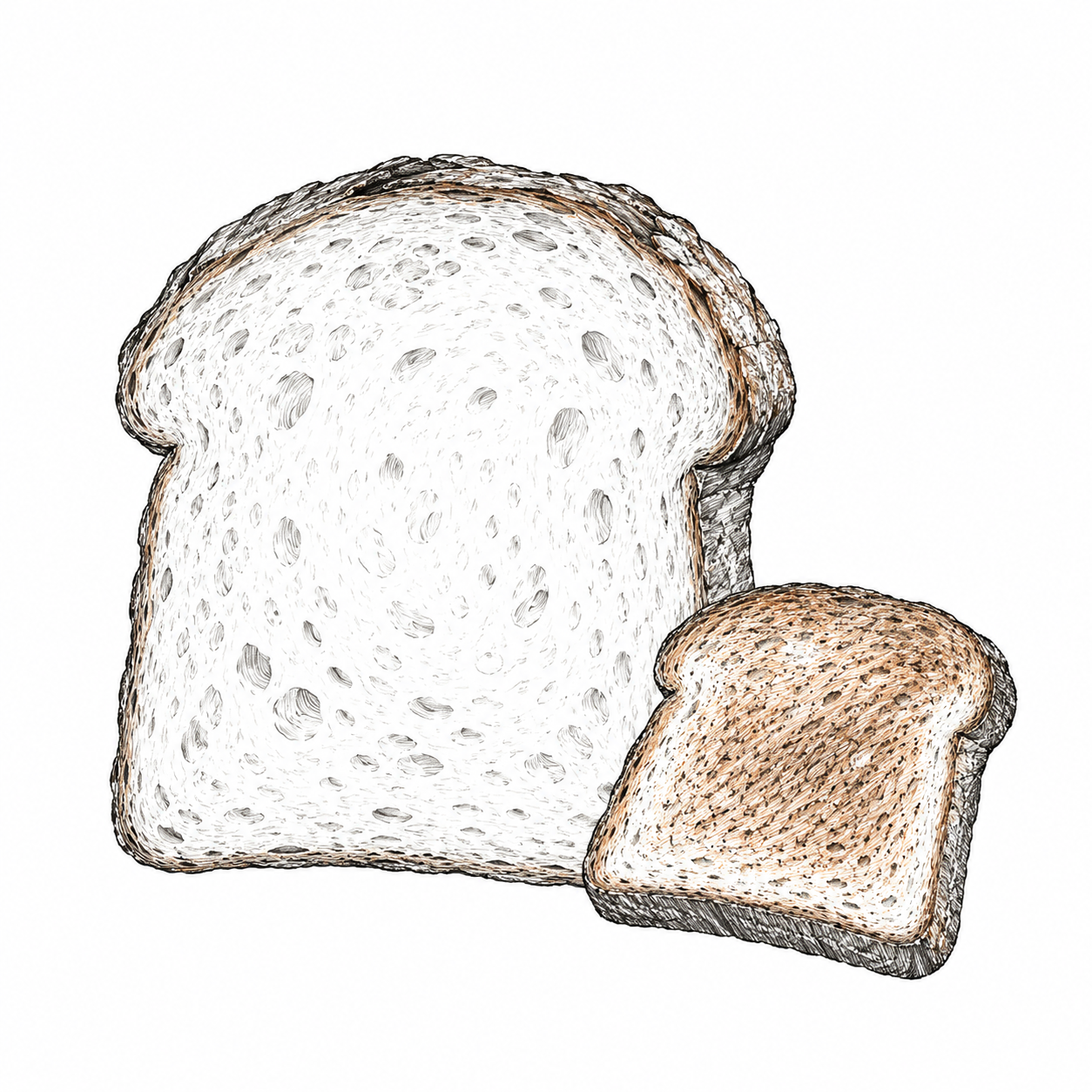 Pencil doodle of toast with a pale crumb and browned crust