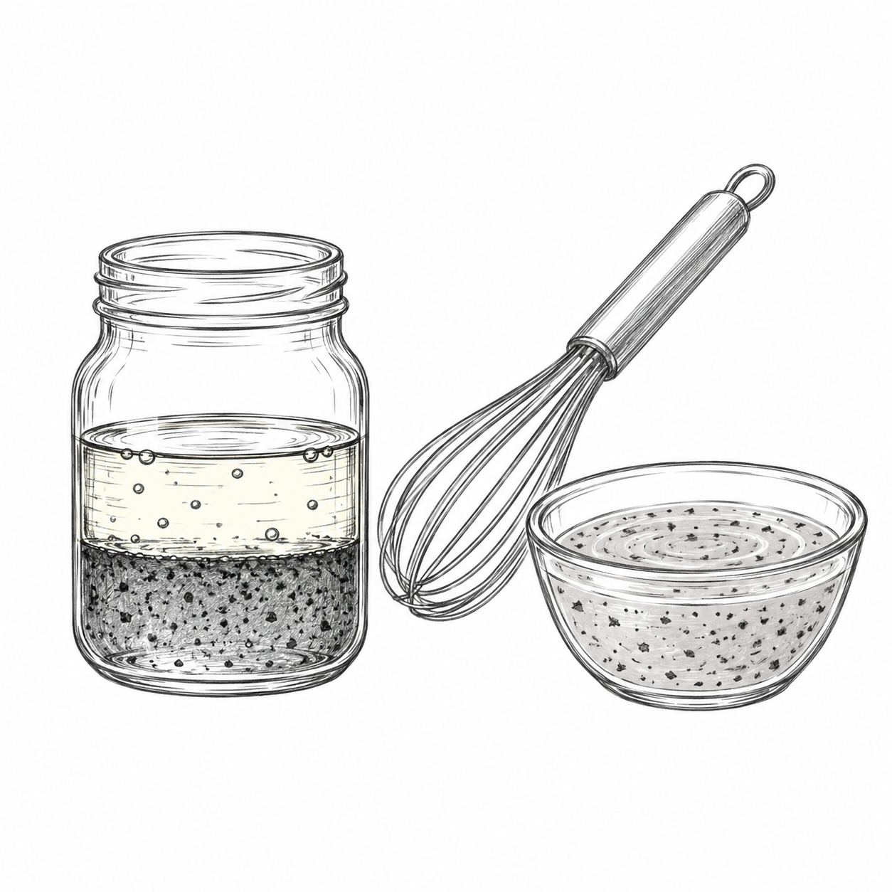 Pencil doodle comparing separated oil and vinegar with a whisked dressing