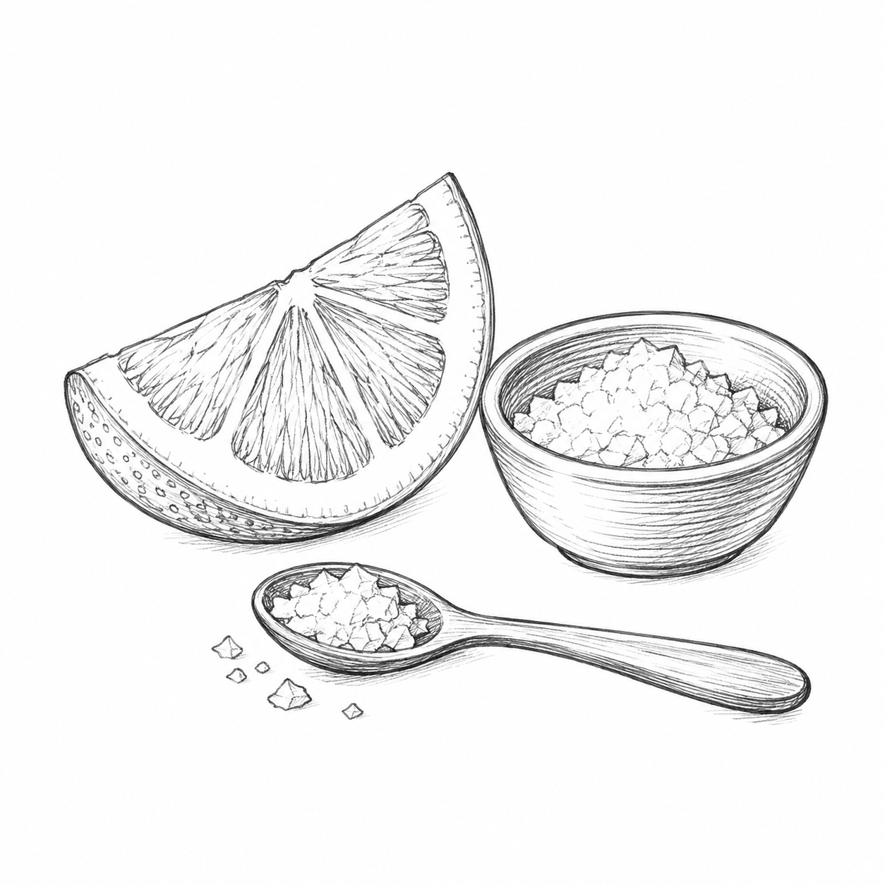 Pencil doodle of a lemon wedge, salt pinch bowl, and tasting spoon