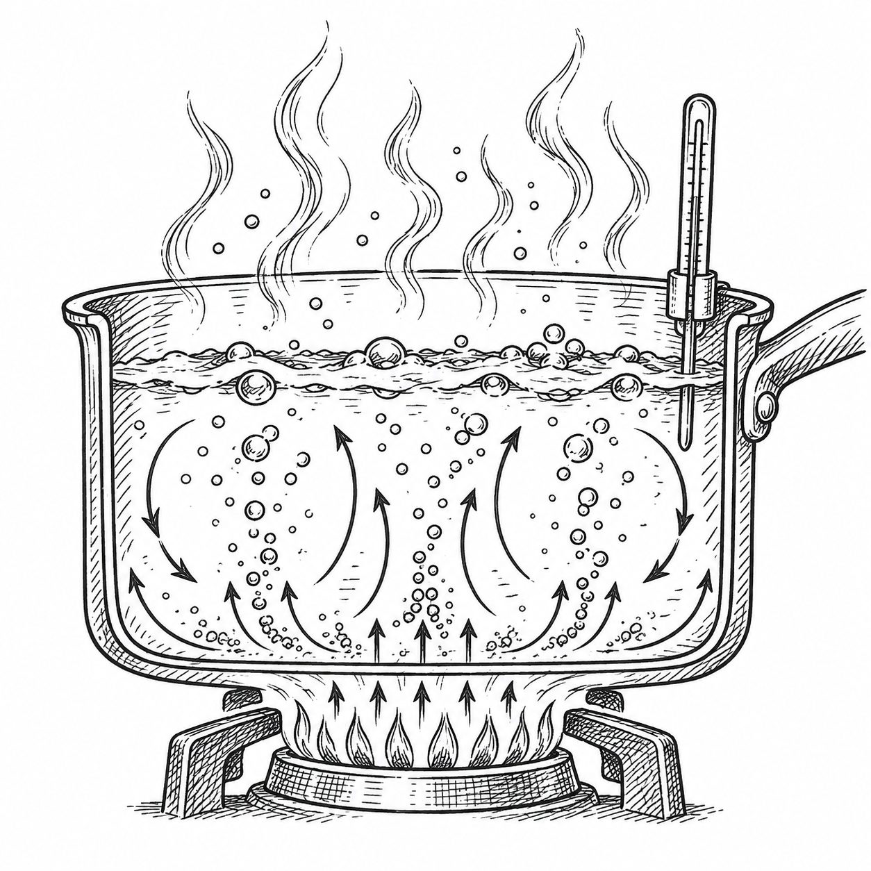 Notebook sketch of a saucepan cutaway showing water, rising heat, steam, and a thermometer