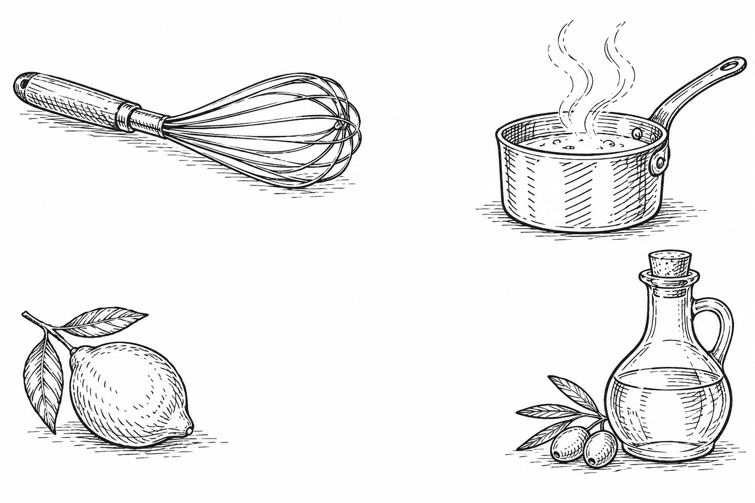 Pencil sketch of a kitchen notebook surrounded by tools, ingredients, and a steaming saucepan