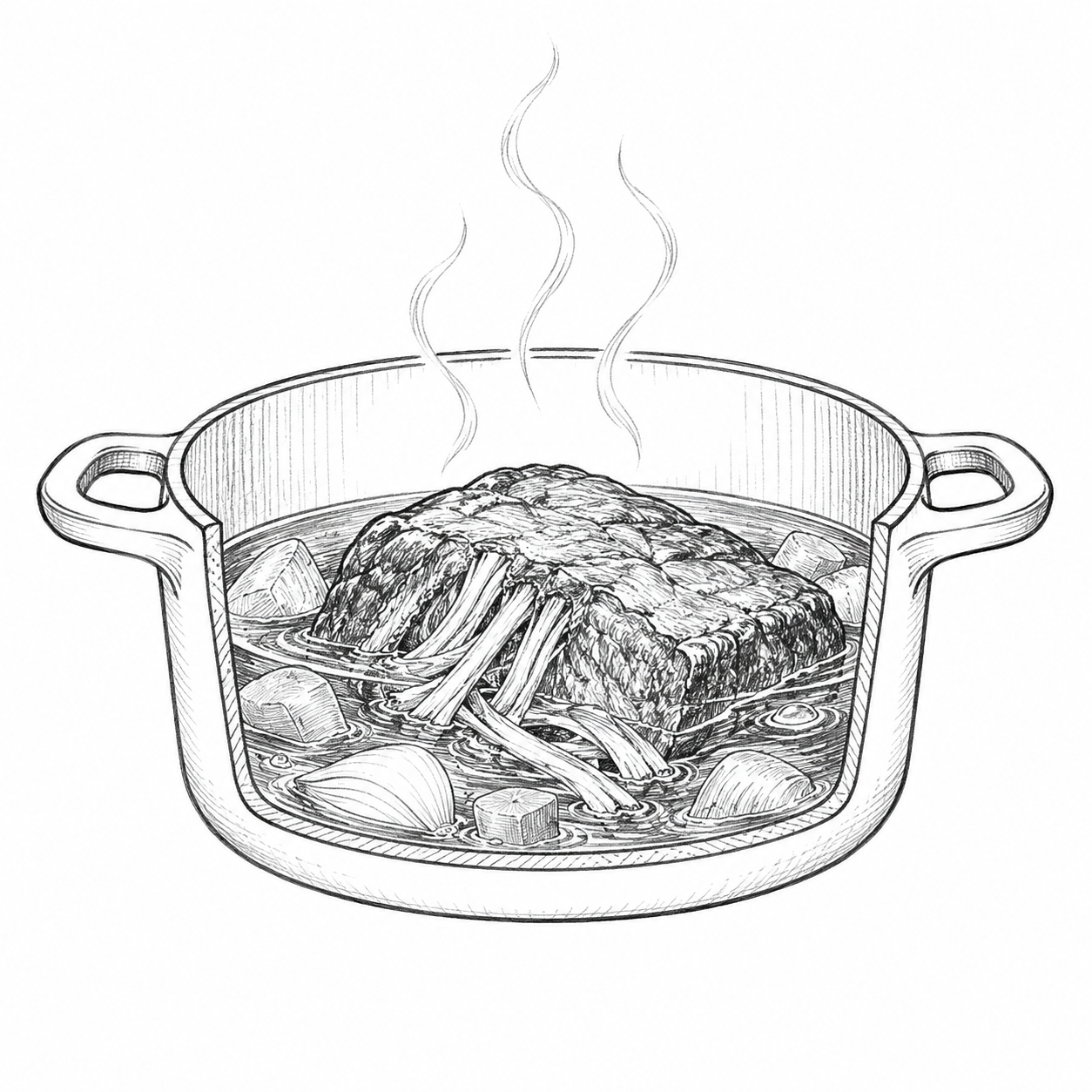 Pencil doodle of meat gently braising in a pot with softened connective tissue