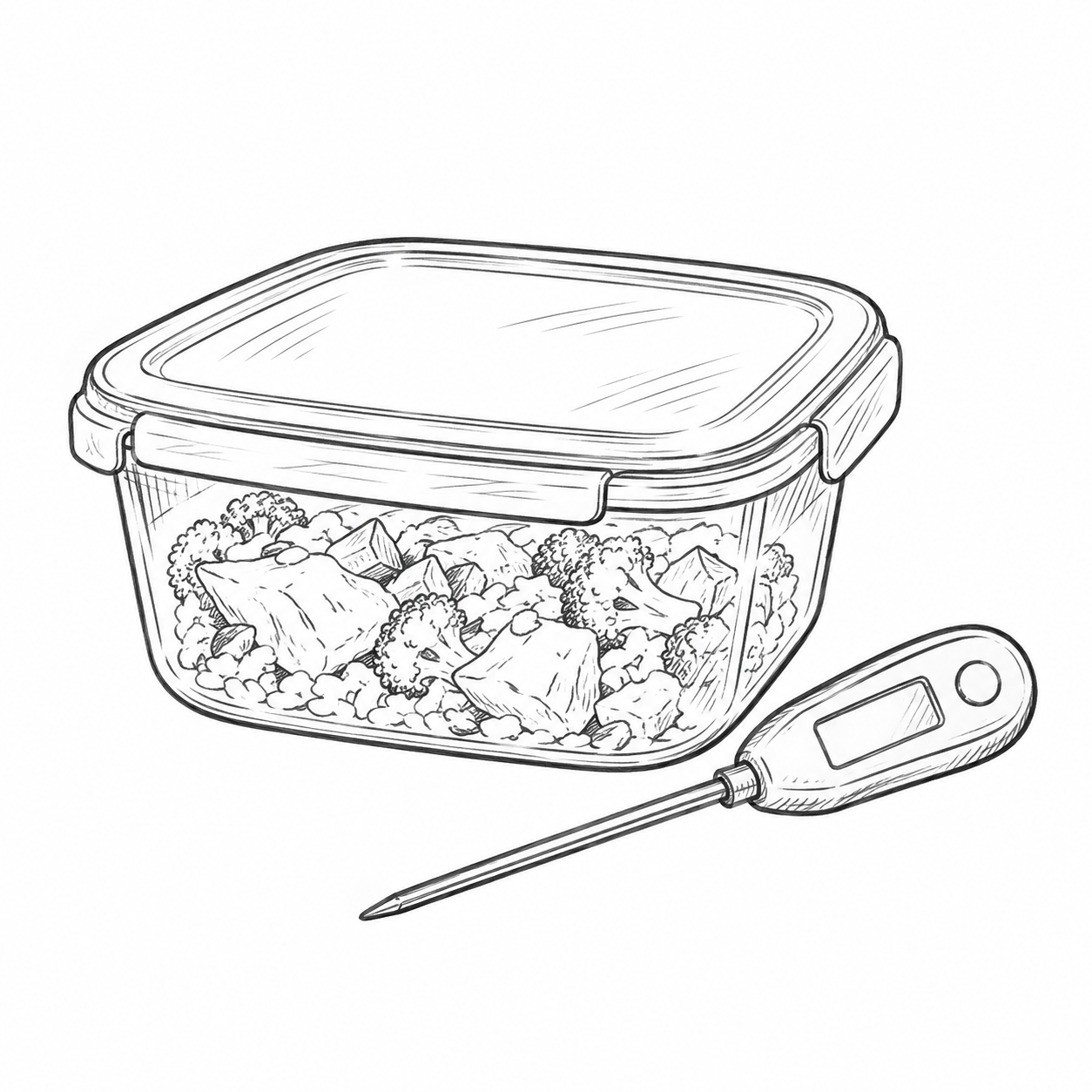 Pencil doodle of a covered leftover container beside a kitchen thermometer