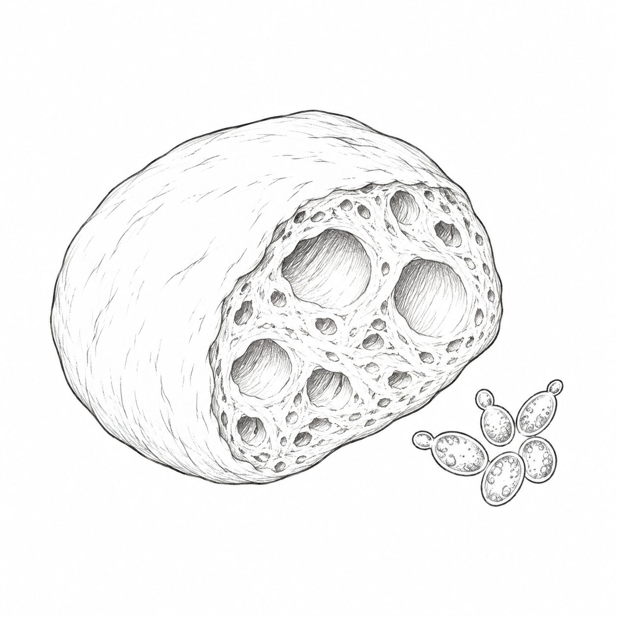Pencil doodle of a cutaway dough ball with air pockets and tiny yeast cells